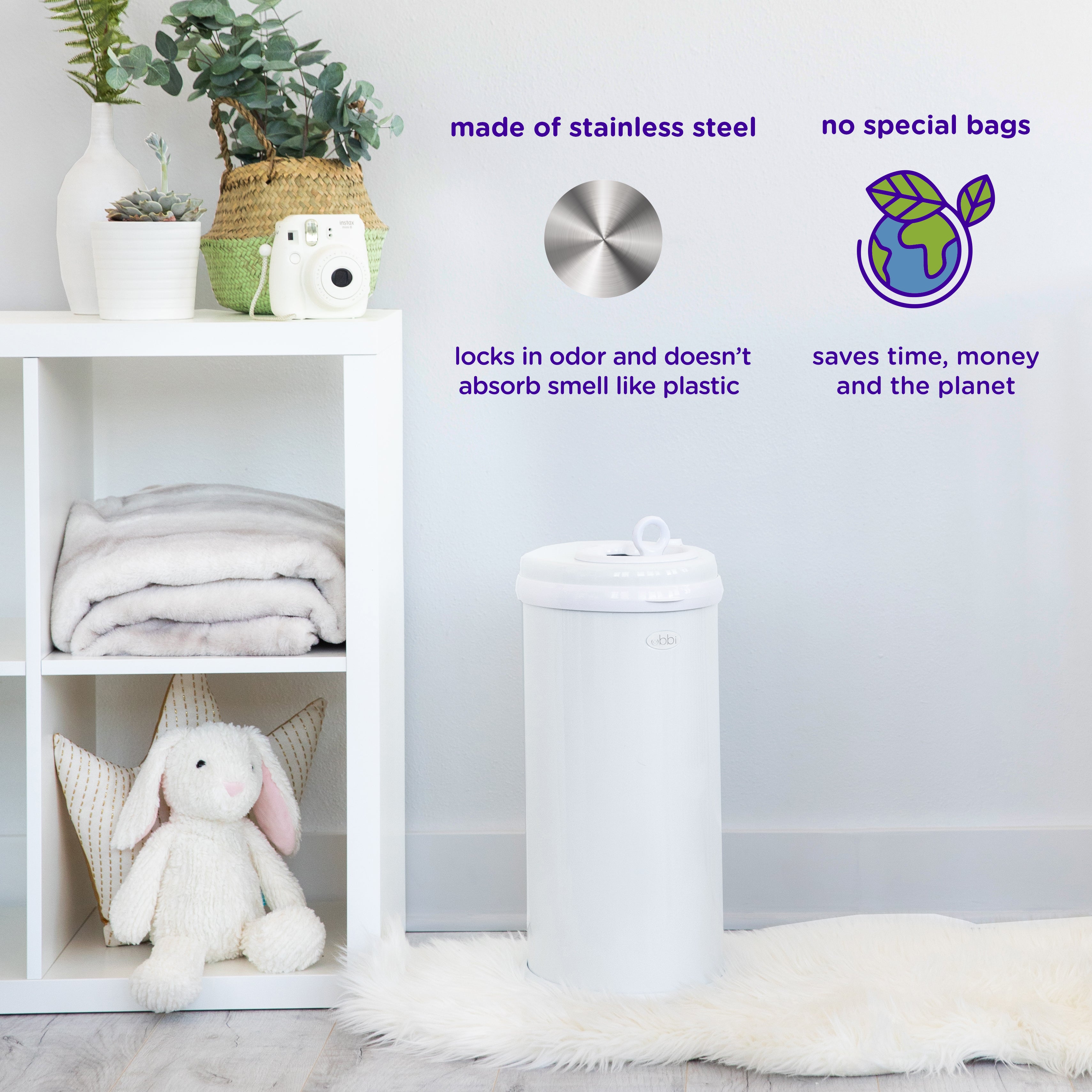 White trash can in a room with stainless steel and environmental icons and text.