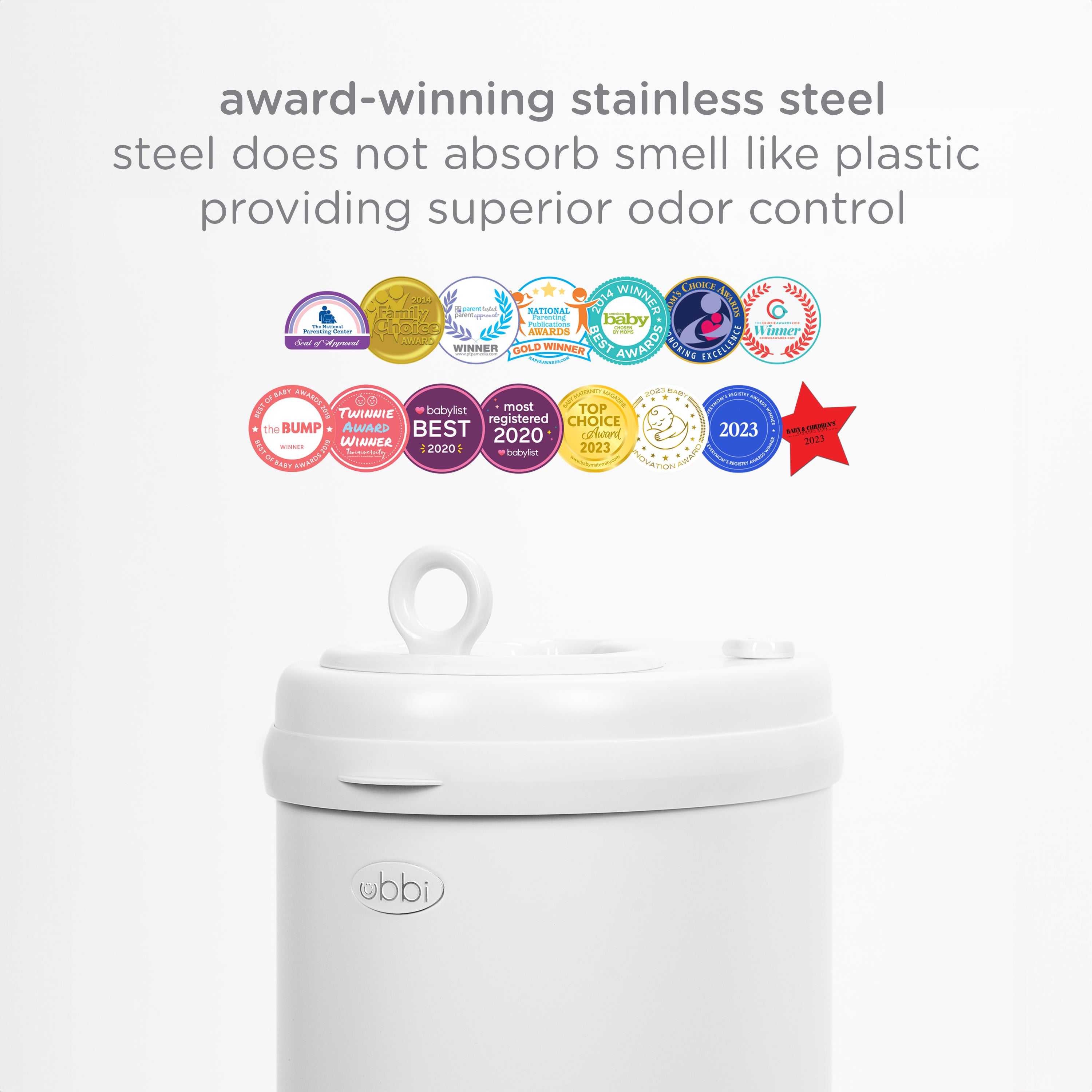 White diaper pail with stainless steel feature text and award badges.