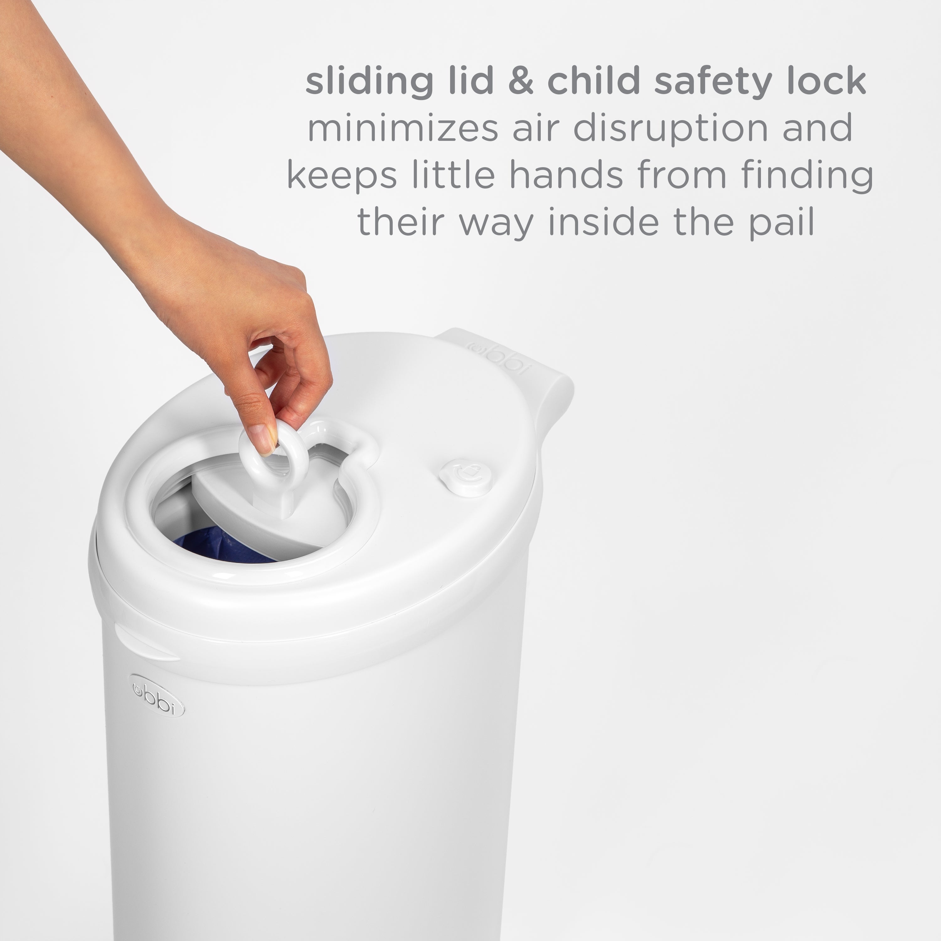 White trash can with sliding lid and child safety lock feature.
