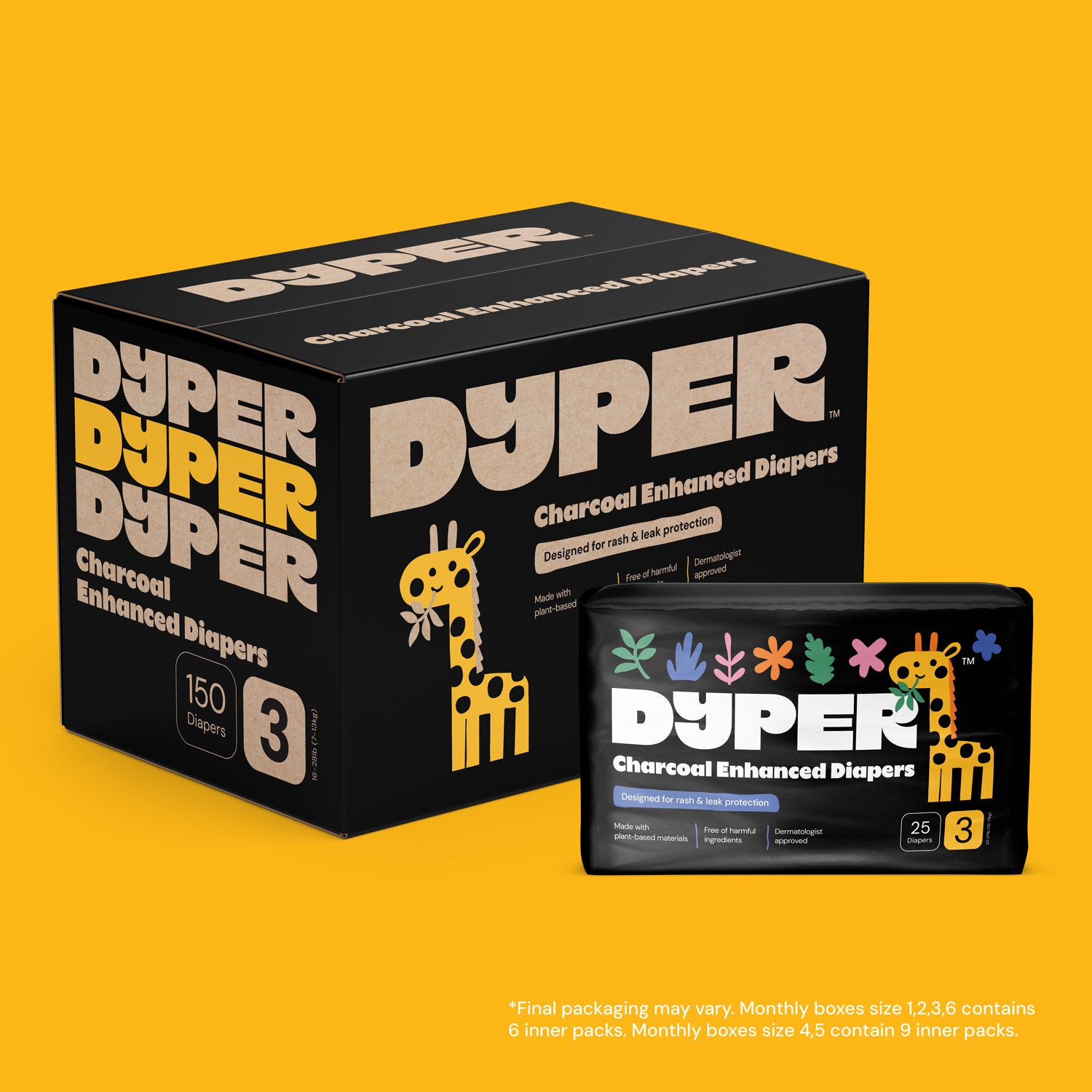DYPER charcoal enhanced diapers packaging on a yellow background