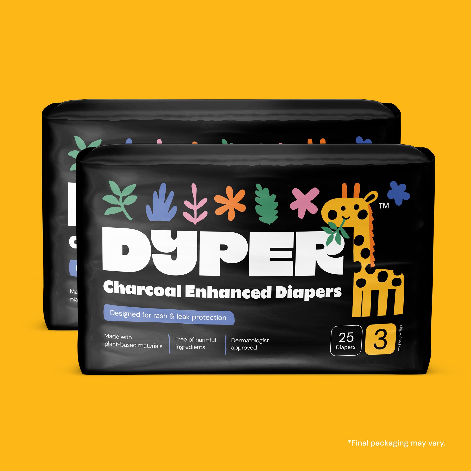 Two packages of DYPER charcoal enhanced diapers on a yellow background