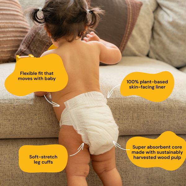 Child wearing a diaper with text highlighting features on a couch background