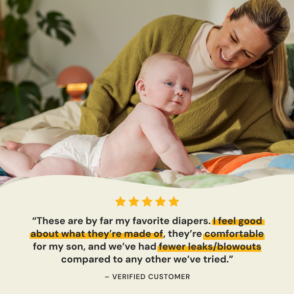 Woman with a baby on a bed, with a five-star rating text overlay.