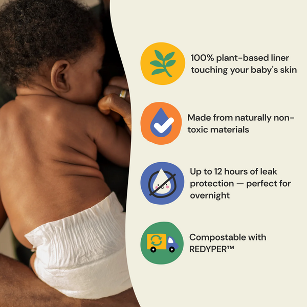 Baby wearing a diaper with sustainability features highlighted on the right side.