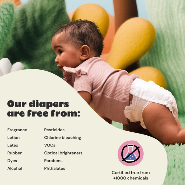 Child in a diaper with text about diaper free-from ingredients and certification details.