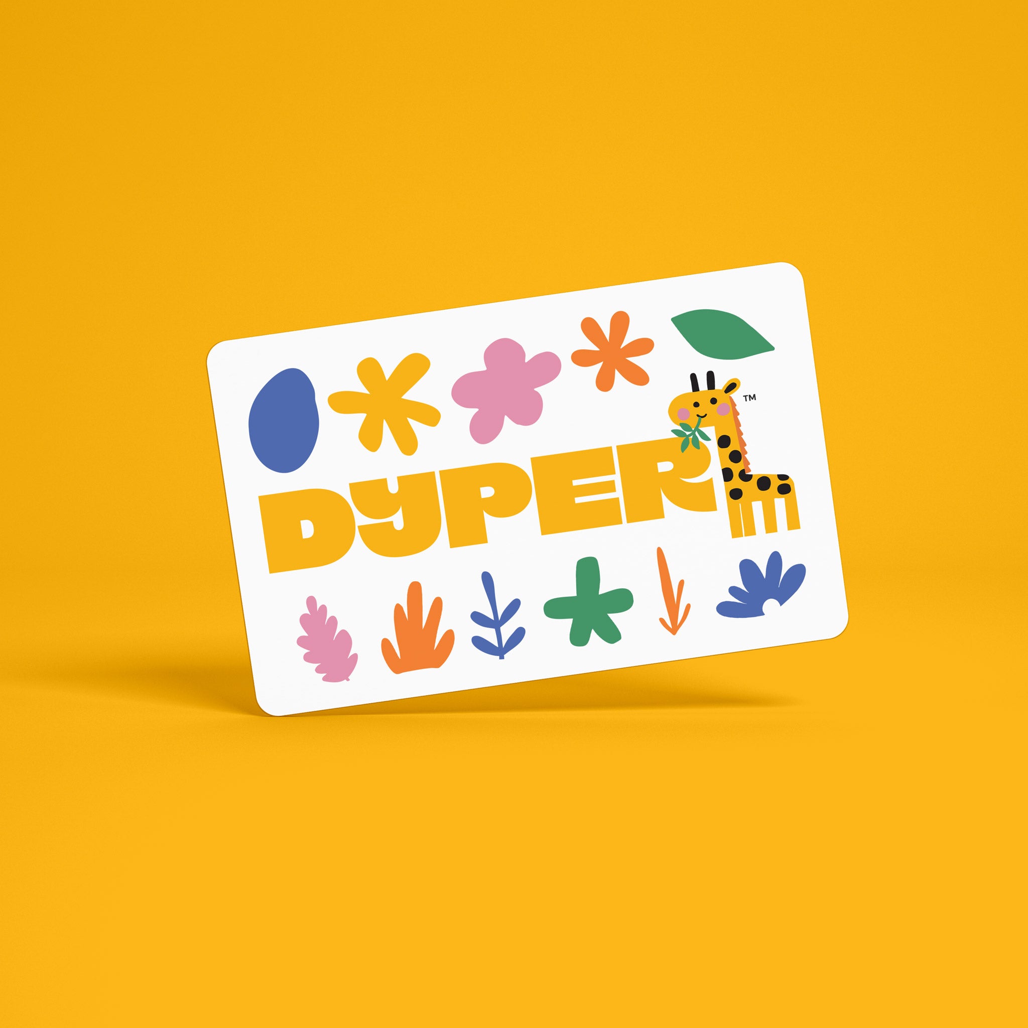 Colorful 'DYPER' card with cartoon giraffe and floral designs on a yellow background