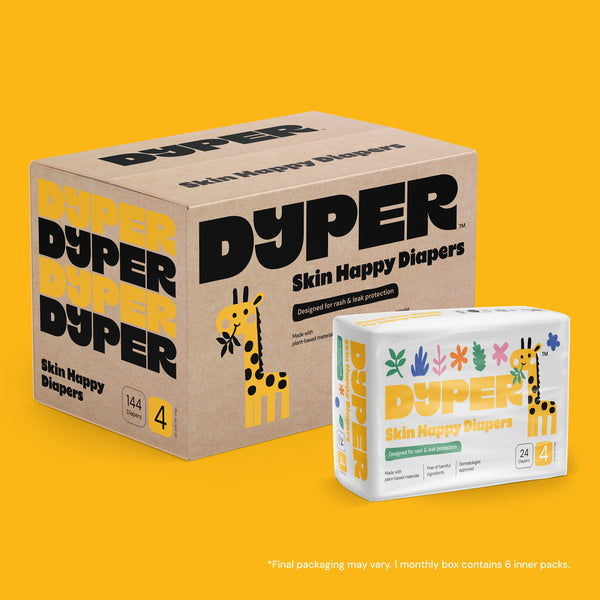 DYPER Skin Happy Diapers packaging on a yellow background