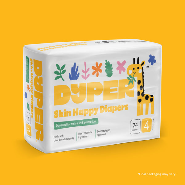 Box of Dyper Skin Happy Diapers on a yellow background