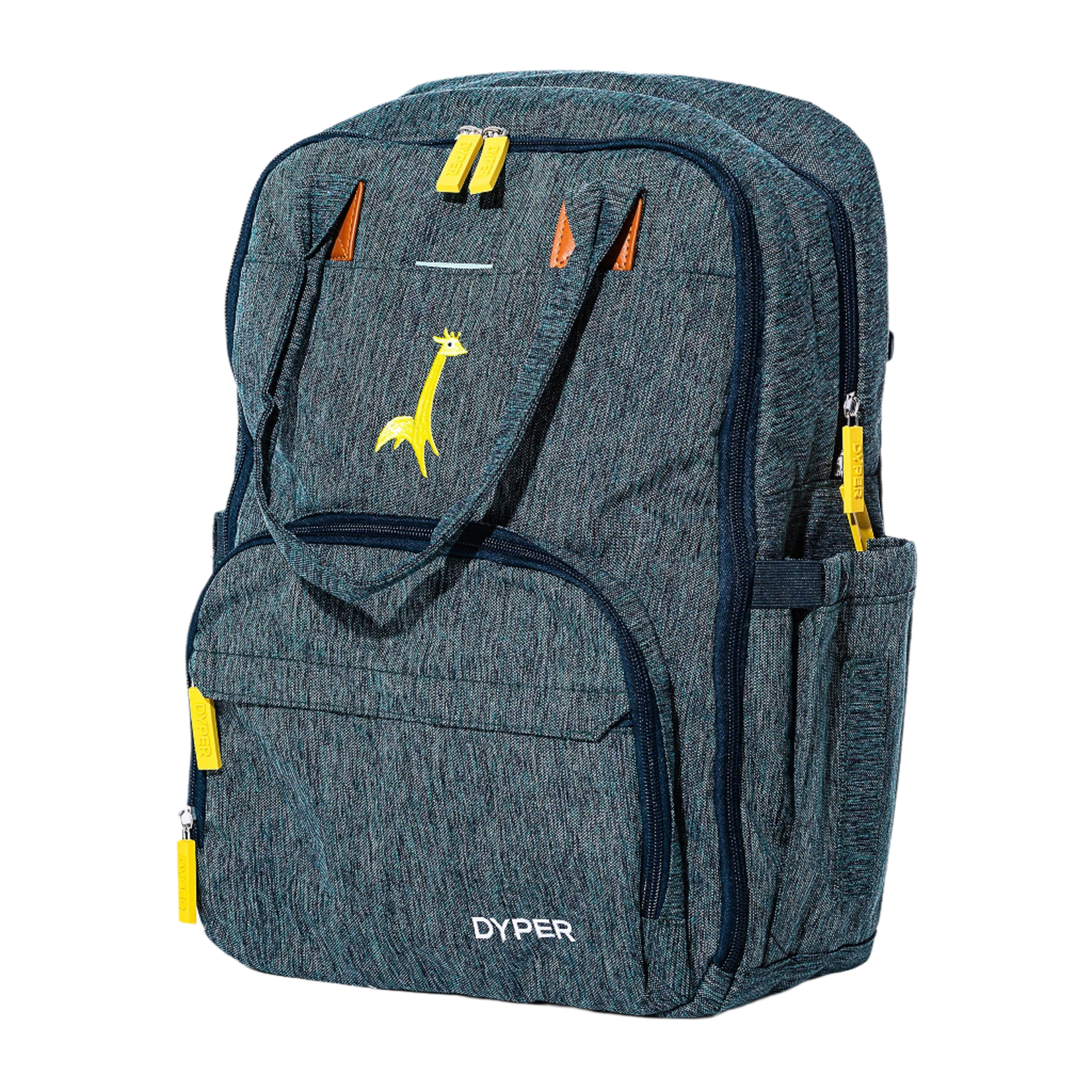 Blue backpack with yellow accents and a giraffe design on a white background