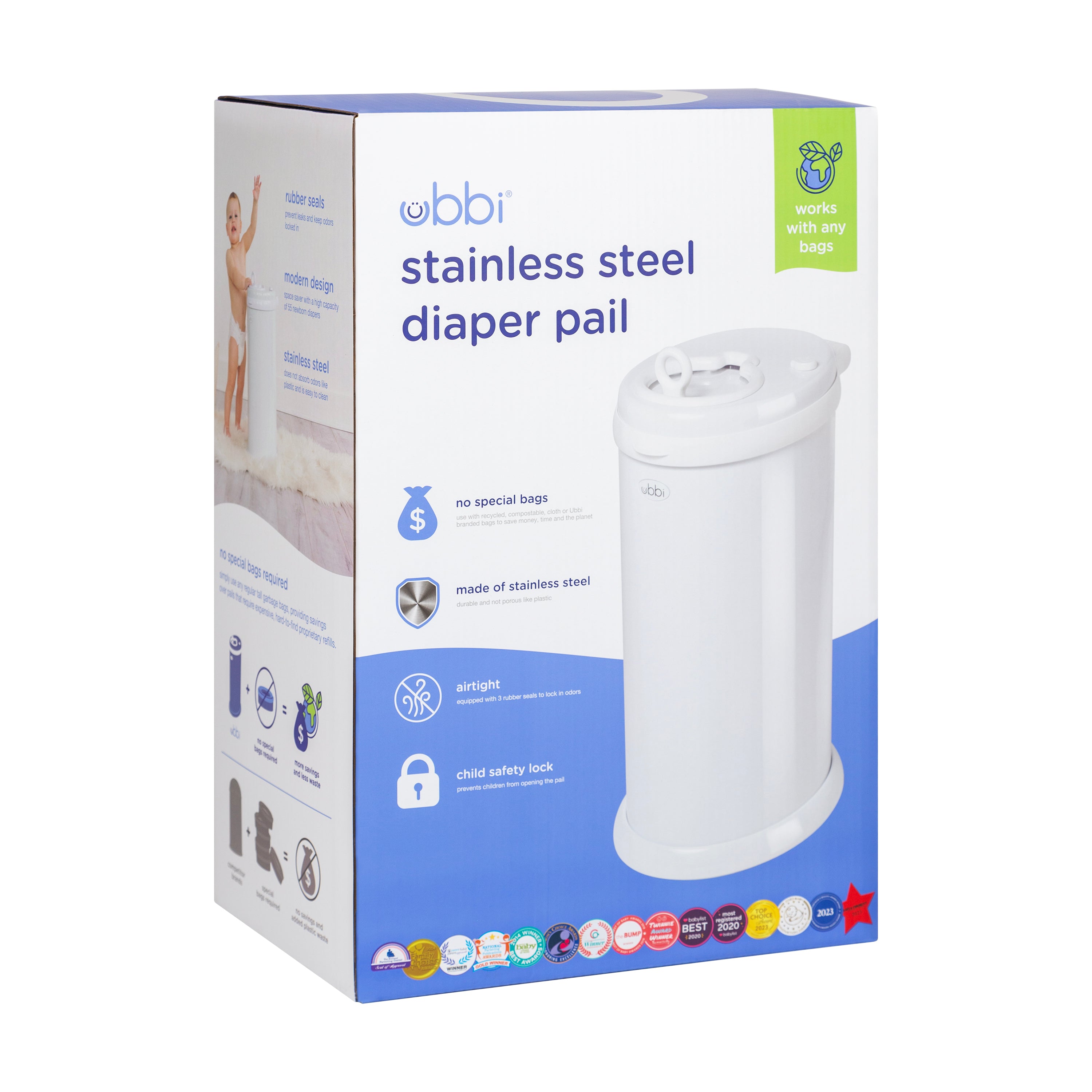 Box of a stainless steel diaper pail with product details and images.