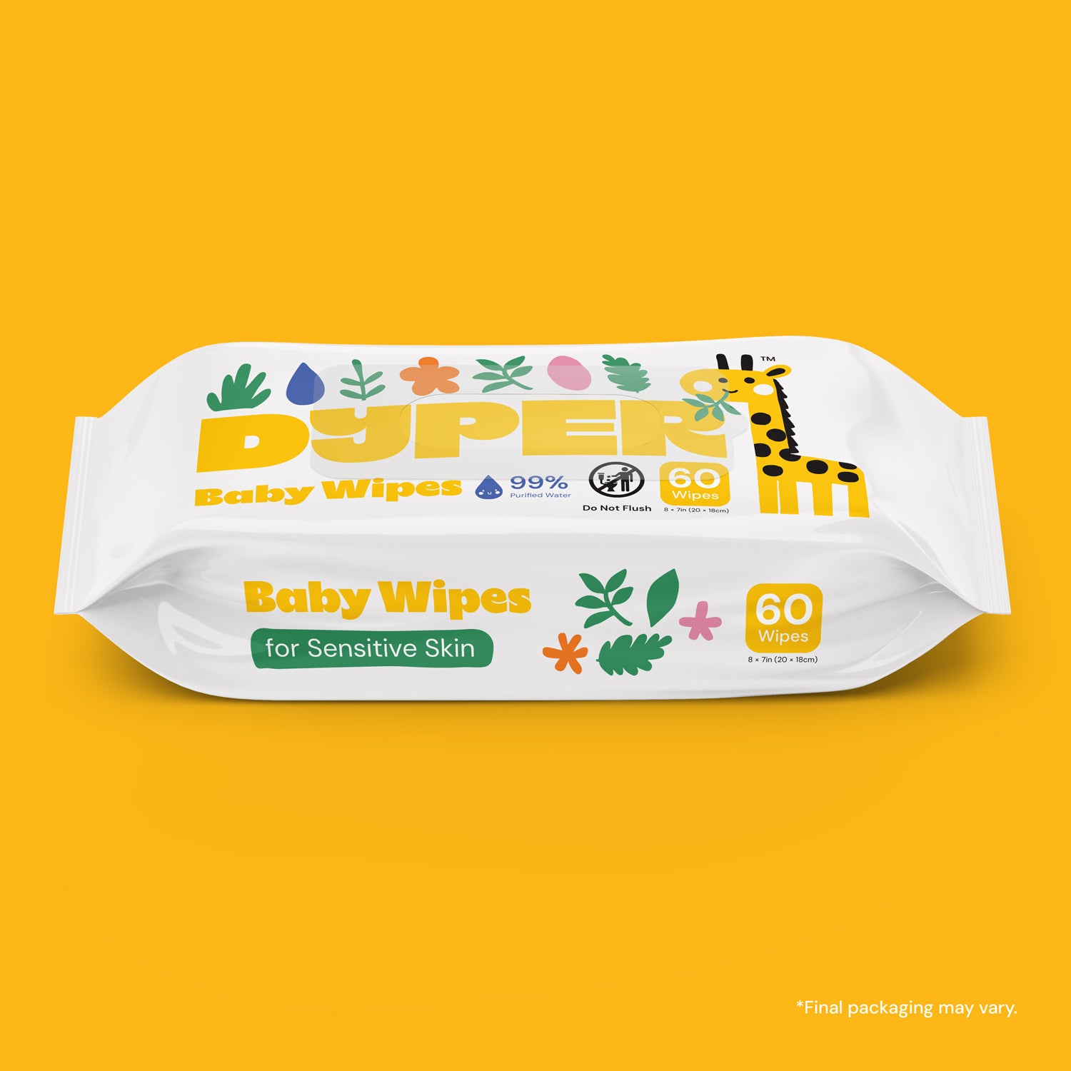 Dyper baby wipes packaging on a yellow background