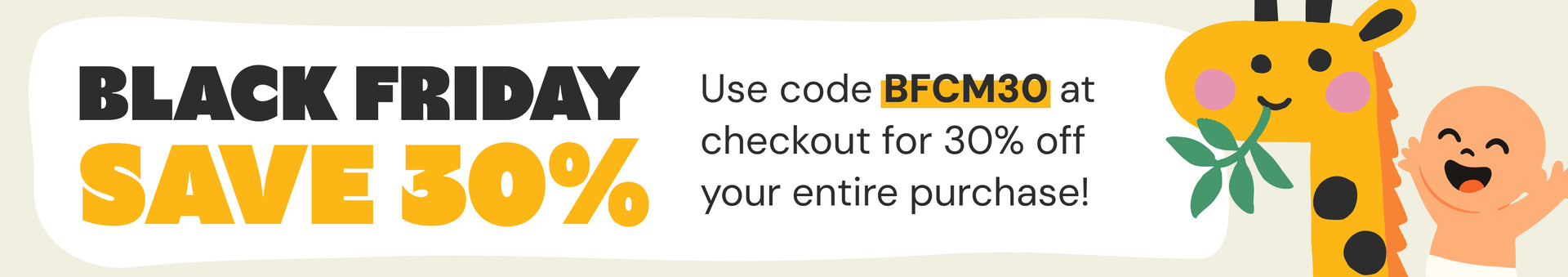 Black Friday sale banner with 30% off offer and cartoon giraffe character.