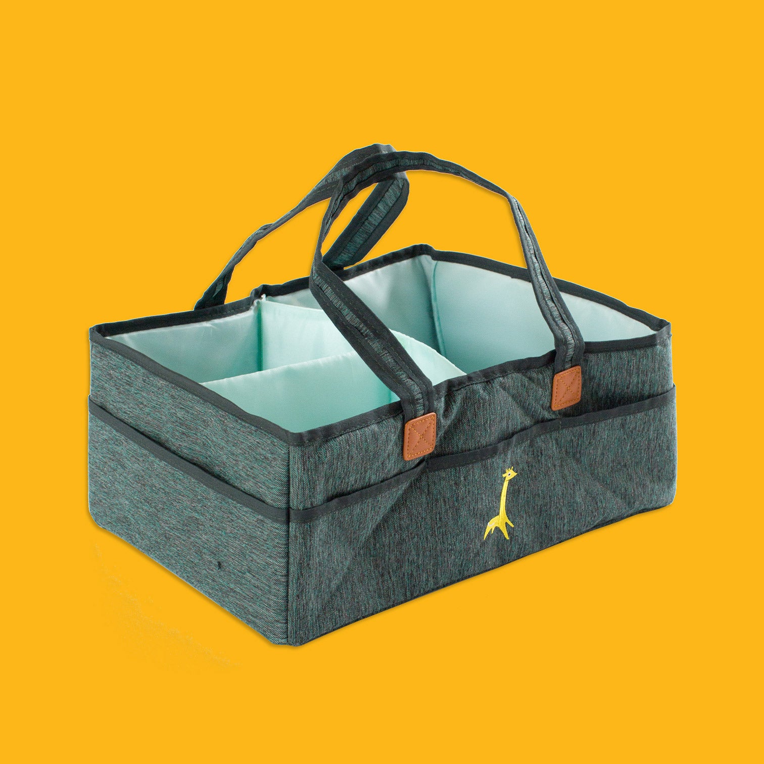 Gray storage caddy with compartments and a handle on a yellow background