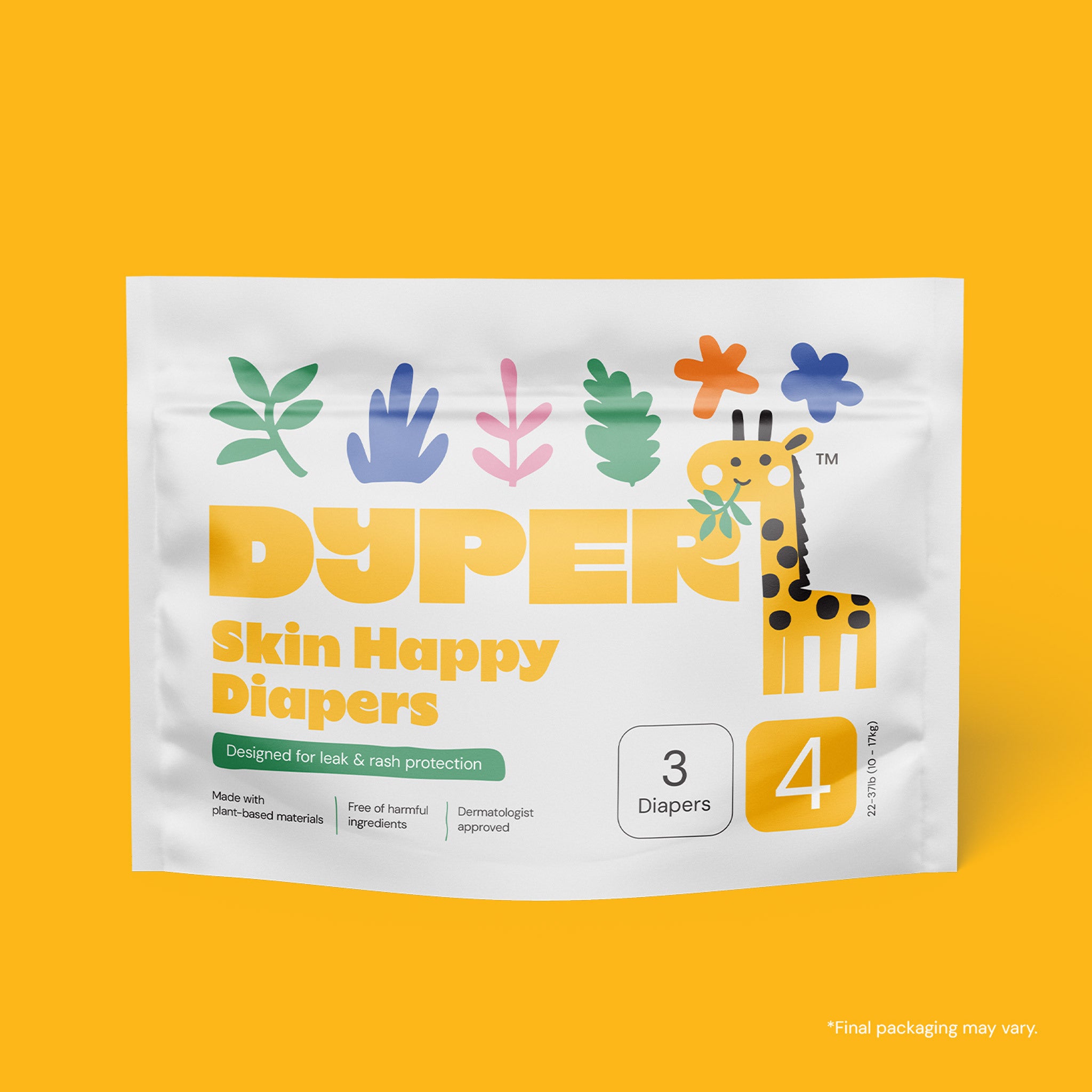 Package of DYPER skin happy diapers on a yellow background