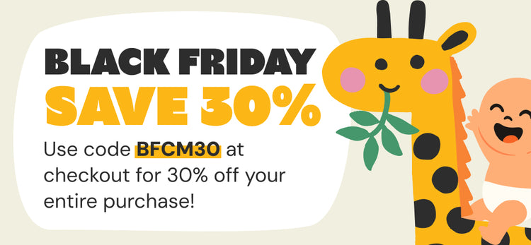 Black Friday sale banner with cartoon giraffe and baby, offering 30% off with a code.
