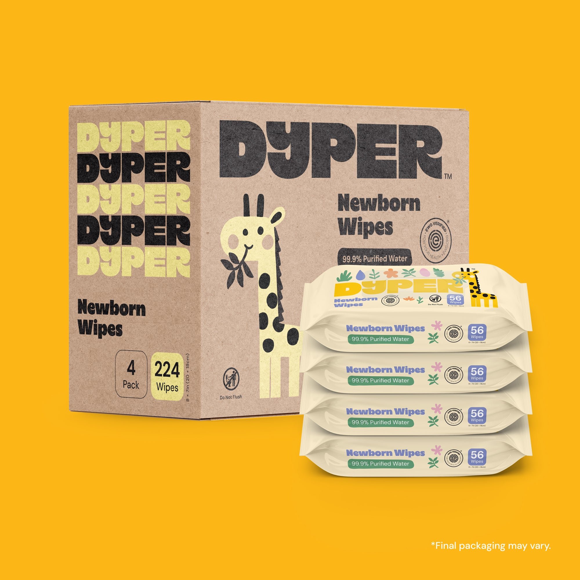 DYPER newborn wipes packaging on a yellow background