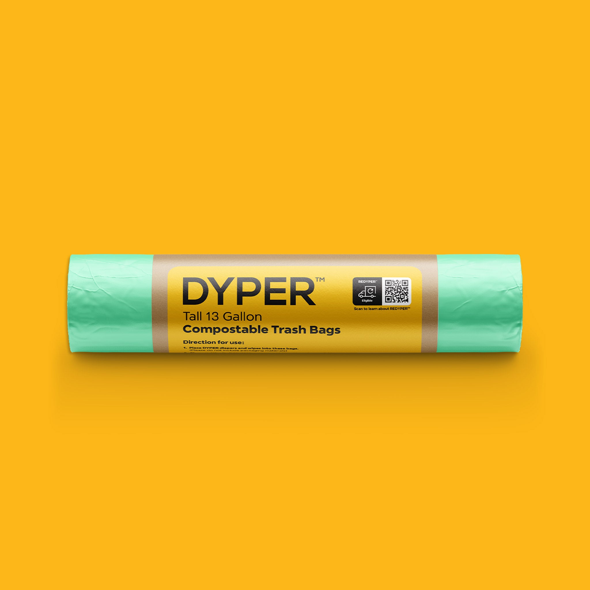 Roll of DYPER compostable trash bags on a yellow background
