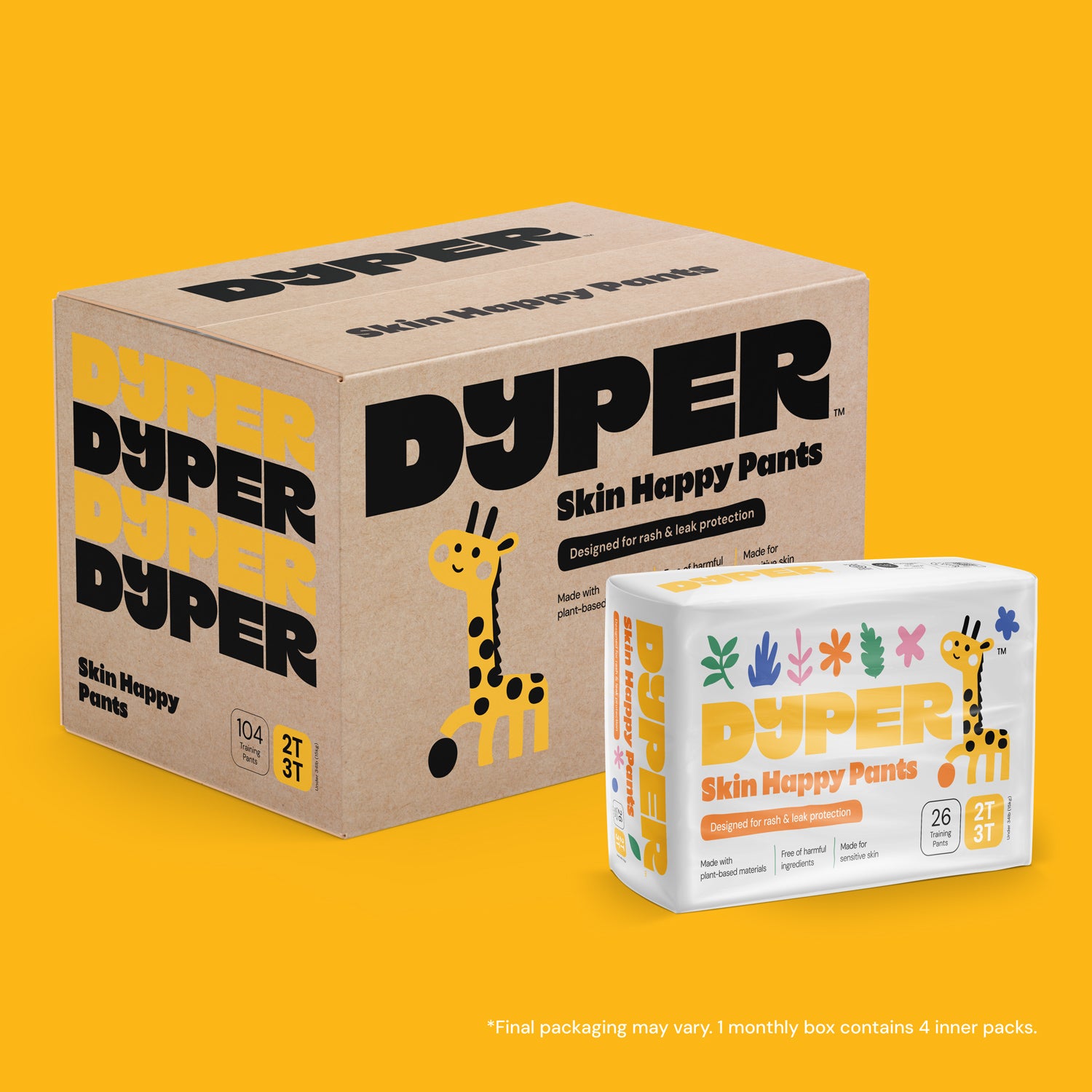 DYPER Skin Happy Pants packaging on a yellow background