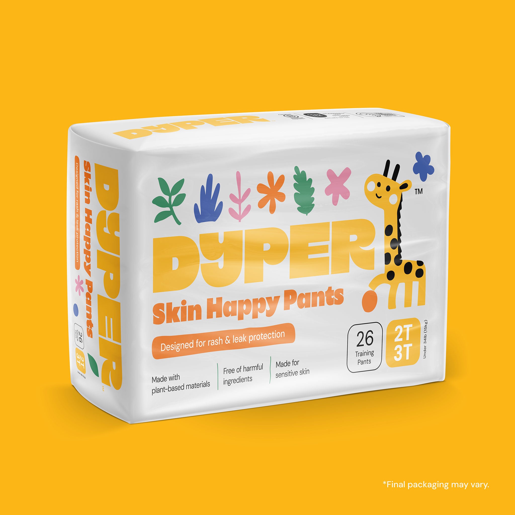 Box of Dyper Skin Happy Pants on a yellow background
