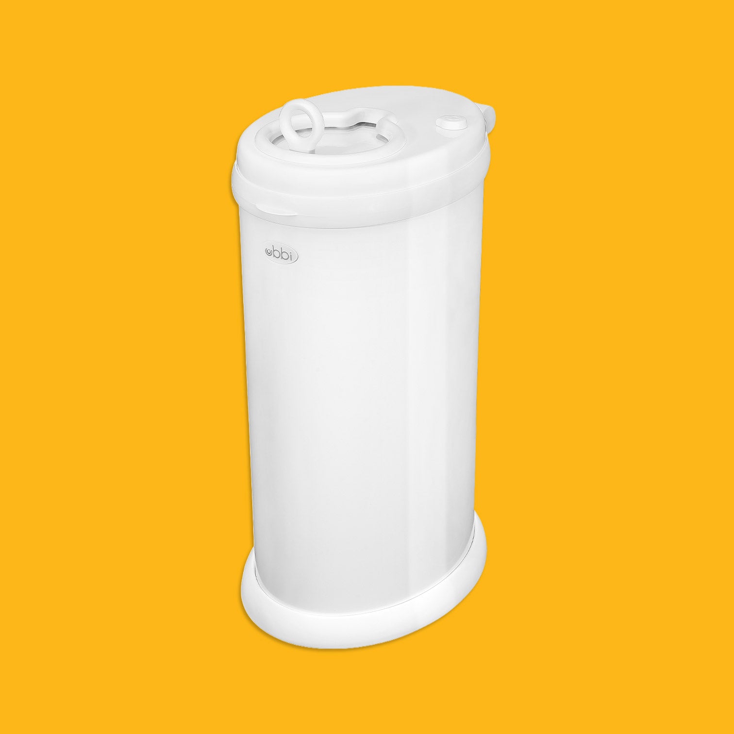 White diaper pail with a lid on an orange background