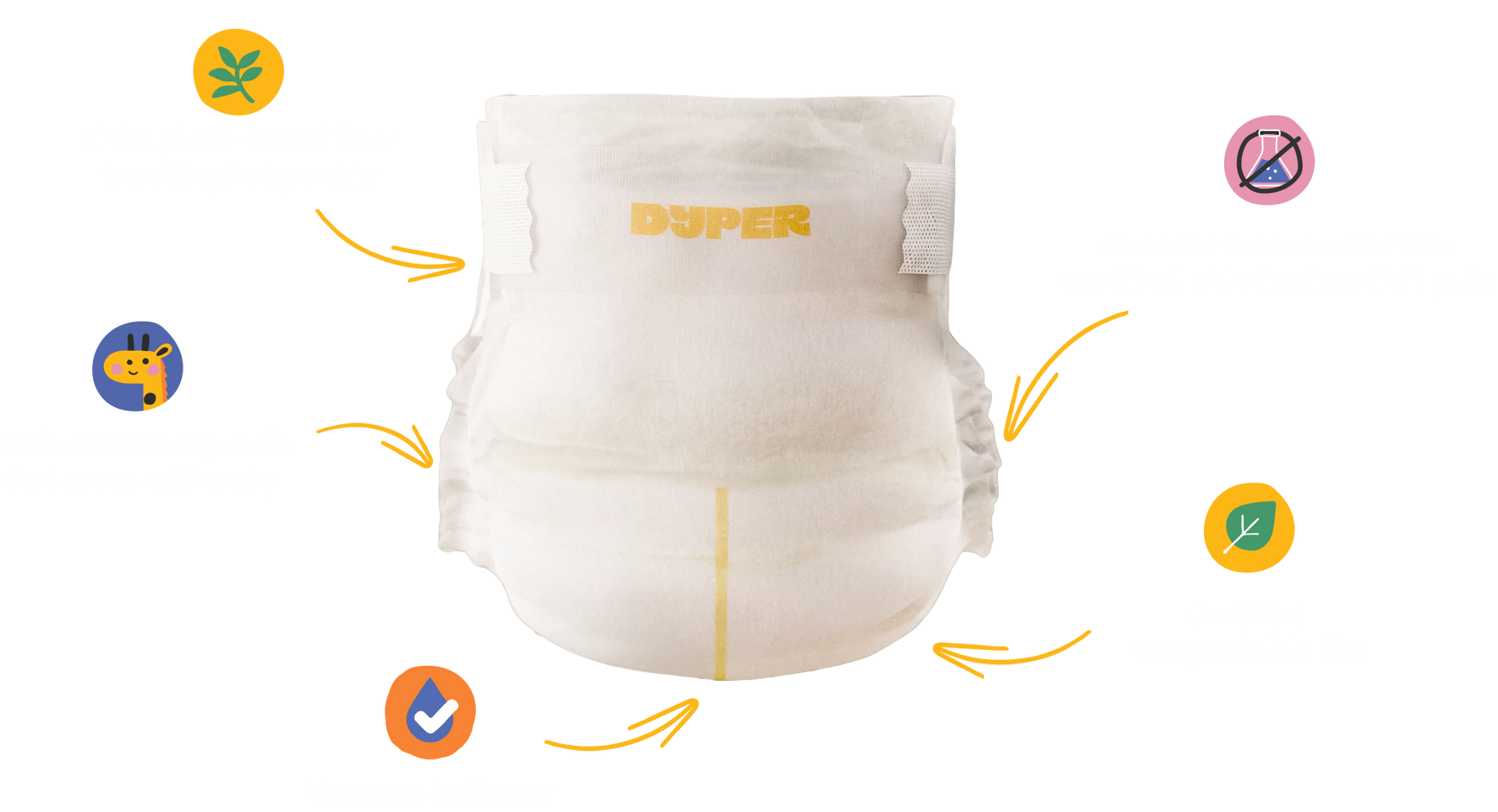 White diaper with gold branding on a white background with icons around it.