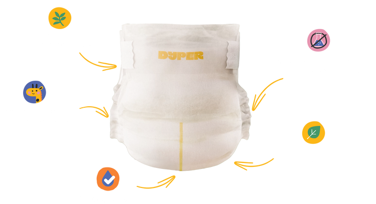 White diaper with gold branding on a white background with icons around it.
