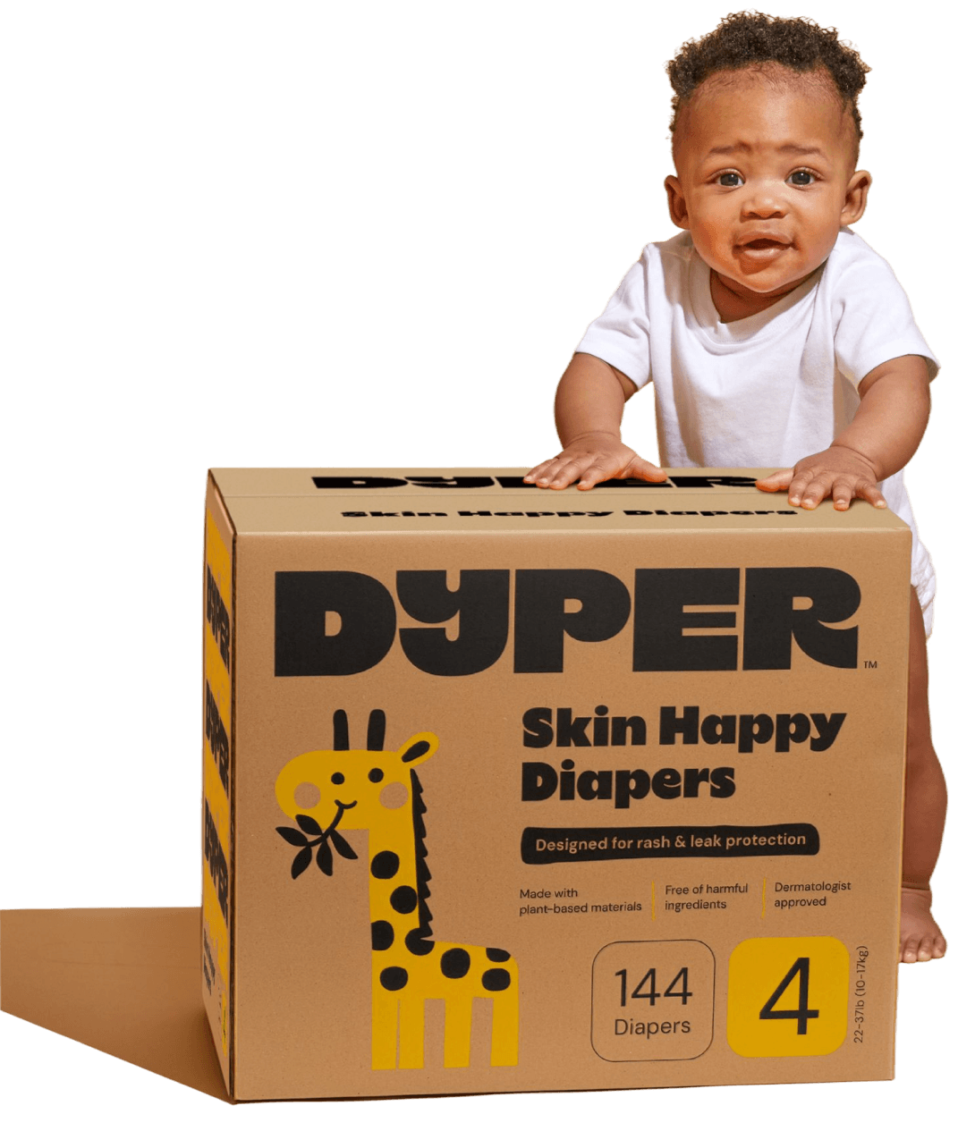Baby leaning on a DYPER Skin Happy Diapers box